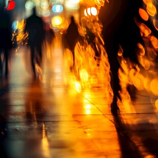 雨夜都市行人光影朦胧