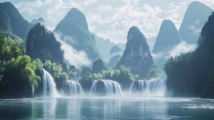 山水瀑布间的诗意自然景观
