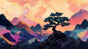 孤松傲立多彩山峦间