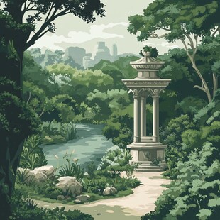 静谧园林中的古典凉亭景观