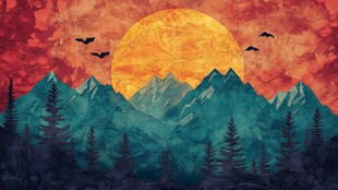 夕阳下的山林飞鸟美景
