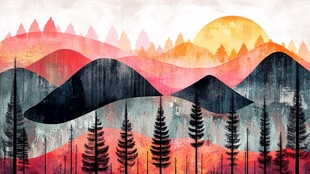 梦幻山峦森林日落景观