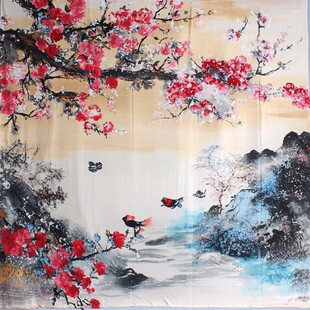 国画红梅山水间飞鸟图