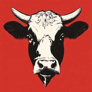 红色背景黑白牛头插画