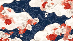 日式和风花卉海浪图案