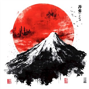 水墨富士山 红日映美景