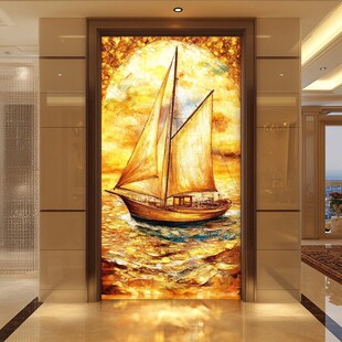金色帆船玄关艺术壁画