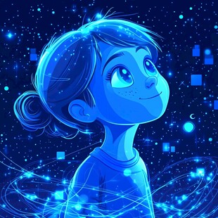 梦幻蓝调星空下的可爱女孩