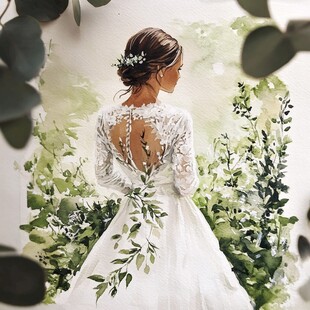 优雅新娘背影与绿植美景