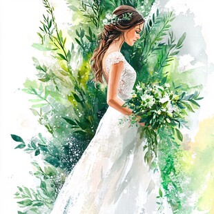 水彩风新娘手持花束美如画