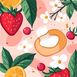 水果花卉环绕的膏霜插画