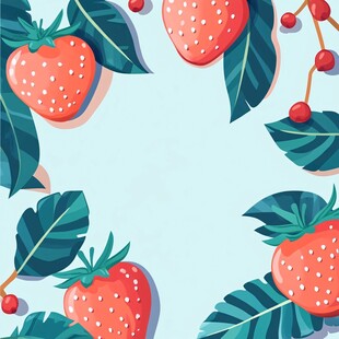 草莓绿叶边框插画背景图