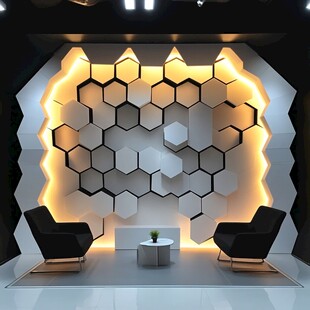 六边形创意墙前的休憩角落