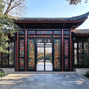 中式彩窗庭院入口景致