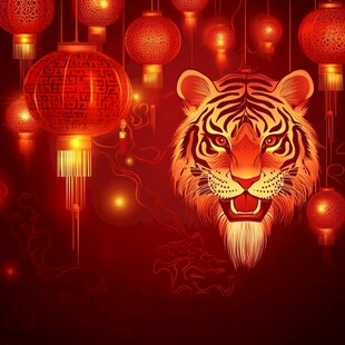 虎年新春 虎与红灯笼同框