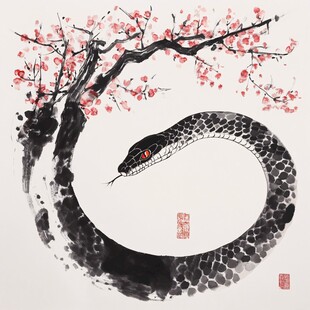 墨韵梅枝下的灵蛇