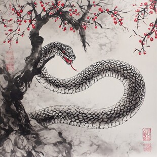 水墨蛇栖繁花树间图