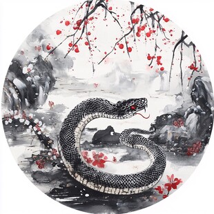 水墨蛇景图 红梅相衬