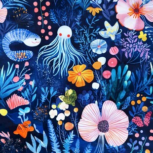 海洋花卉奇幻插画图案
