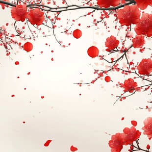 红梅灯笼装点喜庆画面