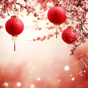 红灯笼映粉花枝添年味