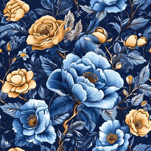 蓝黄花卉图案的精美织物设计