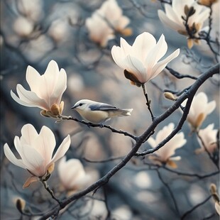 玉兰花枝上的灵动小鸟