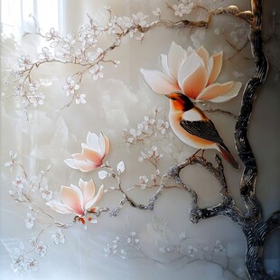 玉兰花枝上的灵动小鸟