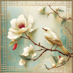 玉兰枝头栖鸟中式美景