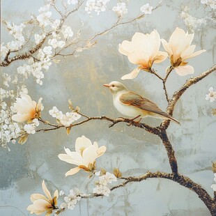 玉兰枝头小鸟栖