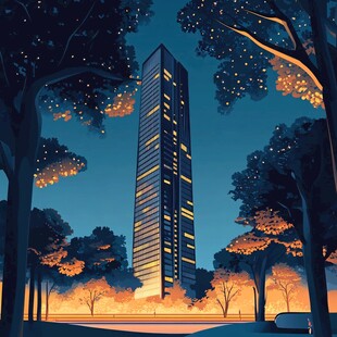 夜幕下的高楼与林间景致