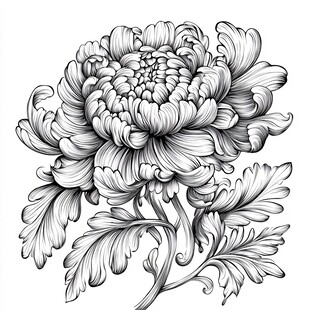 黑白手绘盛开的优雅菊花