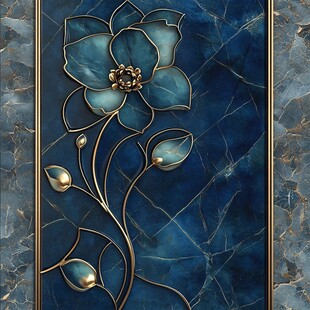 蓝金花卉大理石纹理装饰画