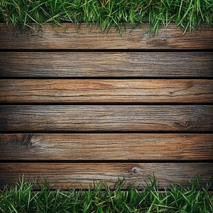 木板与绿草的自然搭配