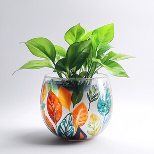 彩绘玻璃盆中的翠绿绿萝