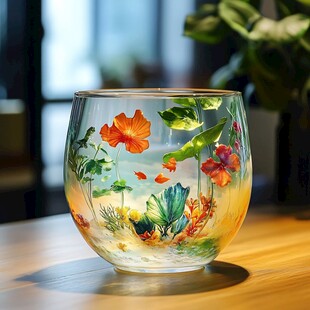 手绘花卉金鱼玻璃艺术杯
