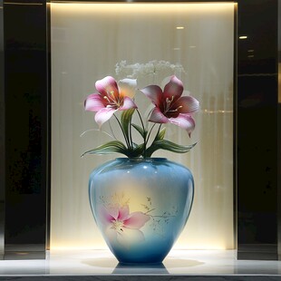 蓝花瓶中的美丽百合花