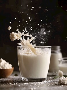 牛奶粉末飞溅玻璃杯场景