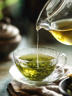 茶壶倾茶入杯绿意悠然