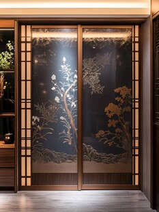 中式花鸟玻璃双开屏风门