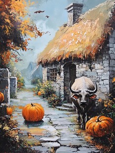 秋日农舍前的牛与南瓜