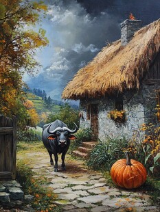 田园小屋旁的水牛与南瓜