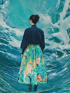 女子立于汹涌海浪之中