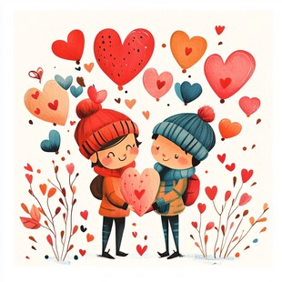 甜蜜孩童与爱心气球插画