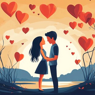 情侣相拥于爱心环绕之下