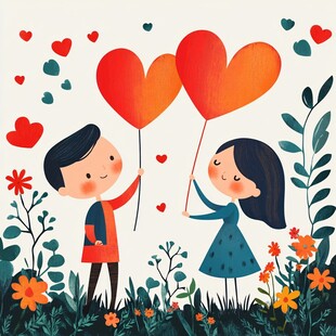情侣手持爱心气球的浪漫场景