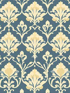 蓝底淡黄花卉复古图案