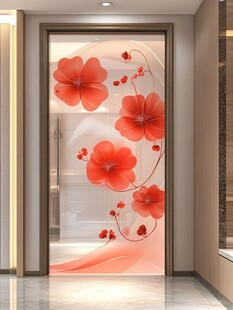 红色花卉玻璃门装饰画