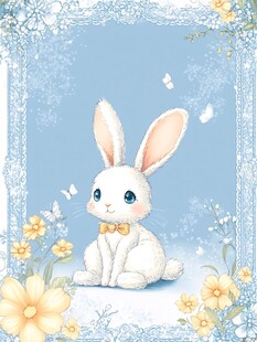 可爱白兔置身梦幻花卉间