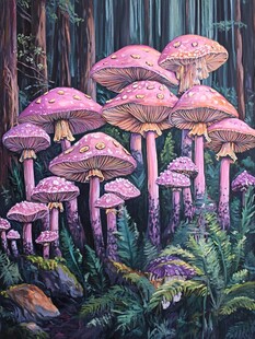 梦幻森林中的紫色蘑菇群